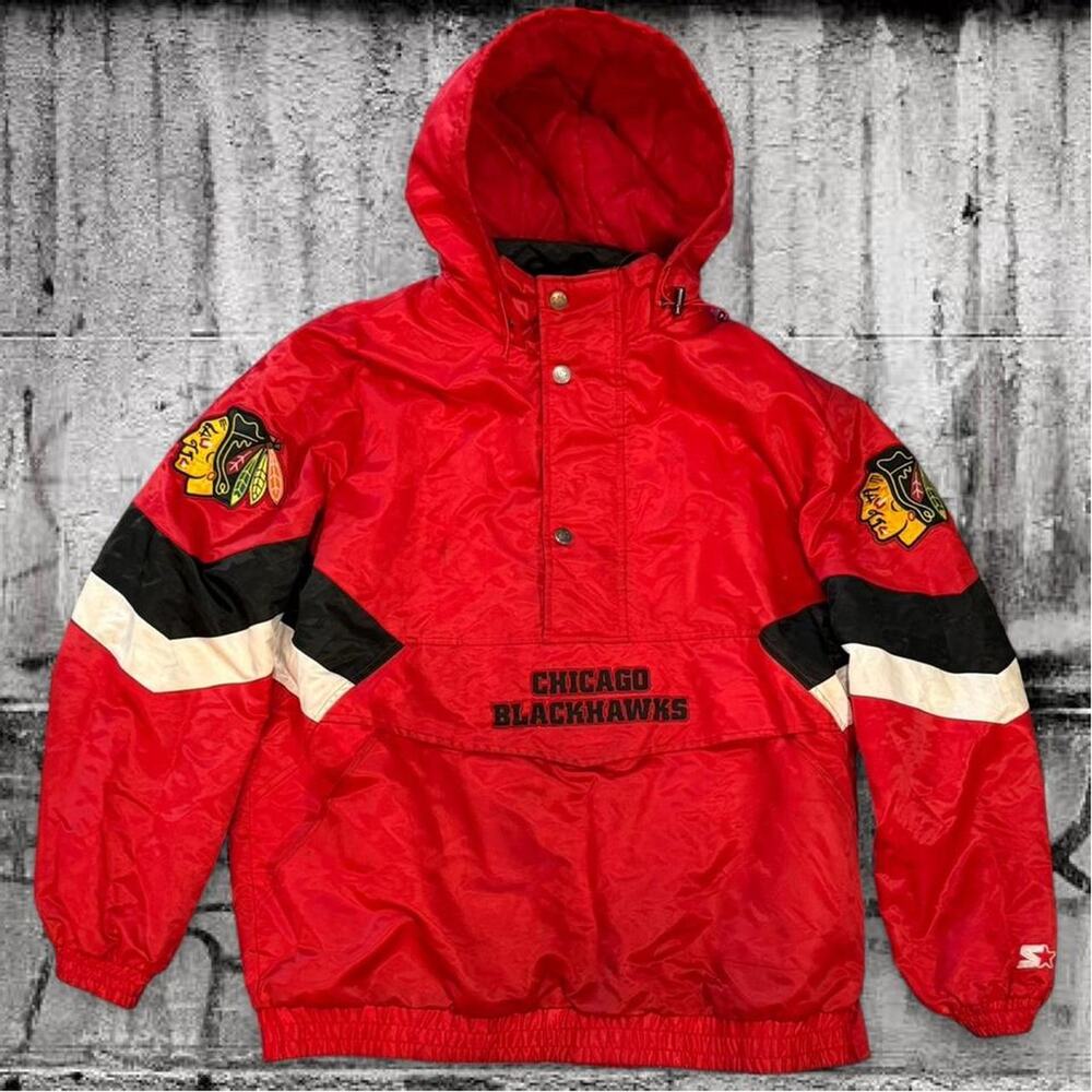 Vintage Starter Chicago Blackhawks Pullover Jacket Hooded NHL Red Spellout XXL
